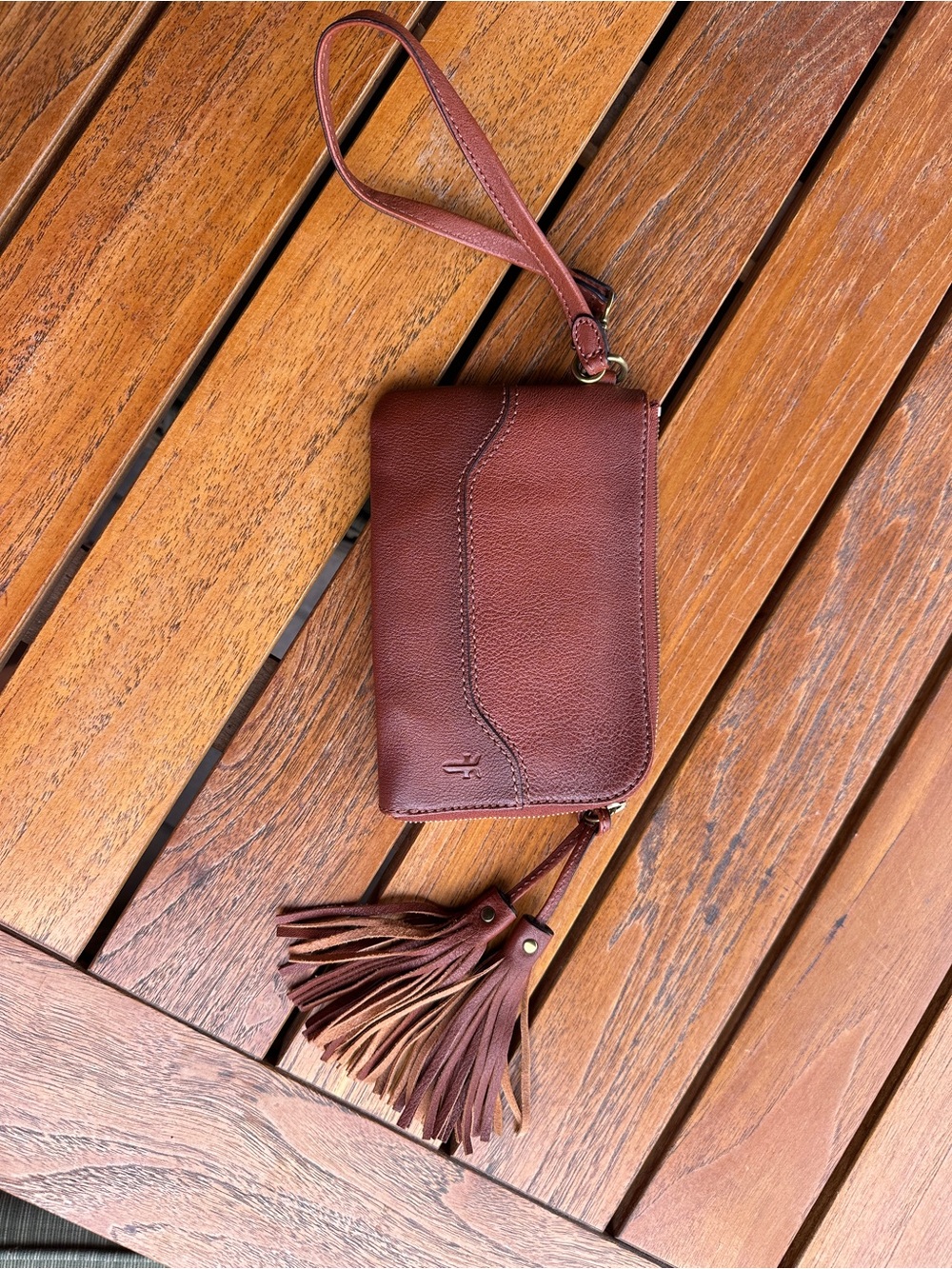 Frye Brown Leather Wristlet Clutch with Tassel